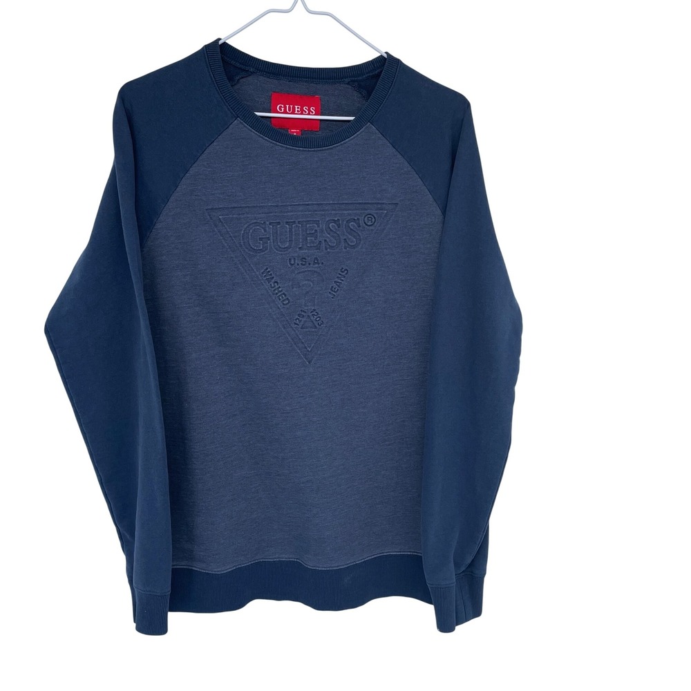 Guess USA Triangle Logo Crewneck Sweatshirt Pullover Navy Blue Medium Womens